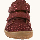Front of Froddo's maroon natural leather barefoot first step kids shoes showing the matching the matching straps. Boot has a wide toe box shape