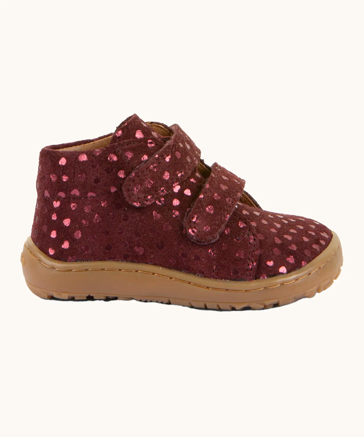 Side of Froddo's maroon natural leather barefoot first step kids shoes. Boot has a flexible rubber sole zero-drop profile