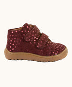 Side of Froddo's maroon natural leather barefoot first step kids shoes. Boot has a flexible rubber sole zero-drop profile