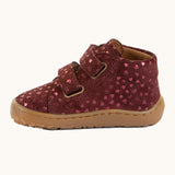 Side of Froddo's maroon natural leather barefoot first step kids shoes showing the padded ankle support. Boot has a flexible rubber sole zero-drop profile