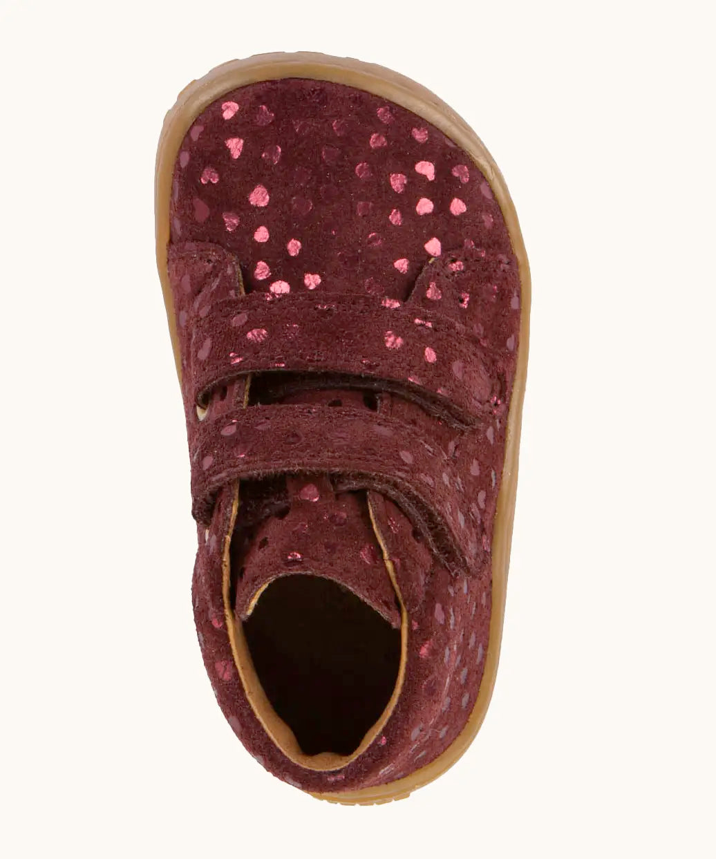 Top view of Froddo's maroon natural leather barefoot first step kids shoes showing the matching straps fastened. Boot has a wide toe box shape