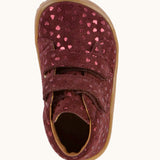 Top view of Froddo's maroon natural leather barefoot first step kids shoes showing the matching straps fastened. Boot has a wide toe box shape