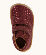 Top view of Froddo's maroon natural leather barefoot first step kids shoes showing the matching straps fastened. Boot has a wide toe box shape