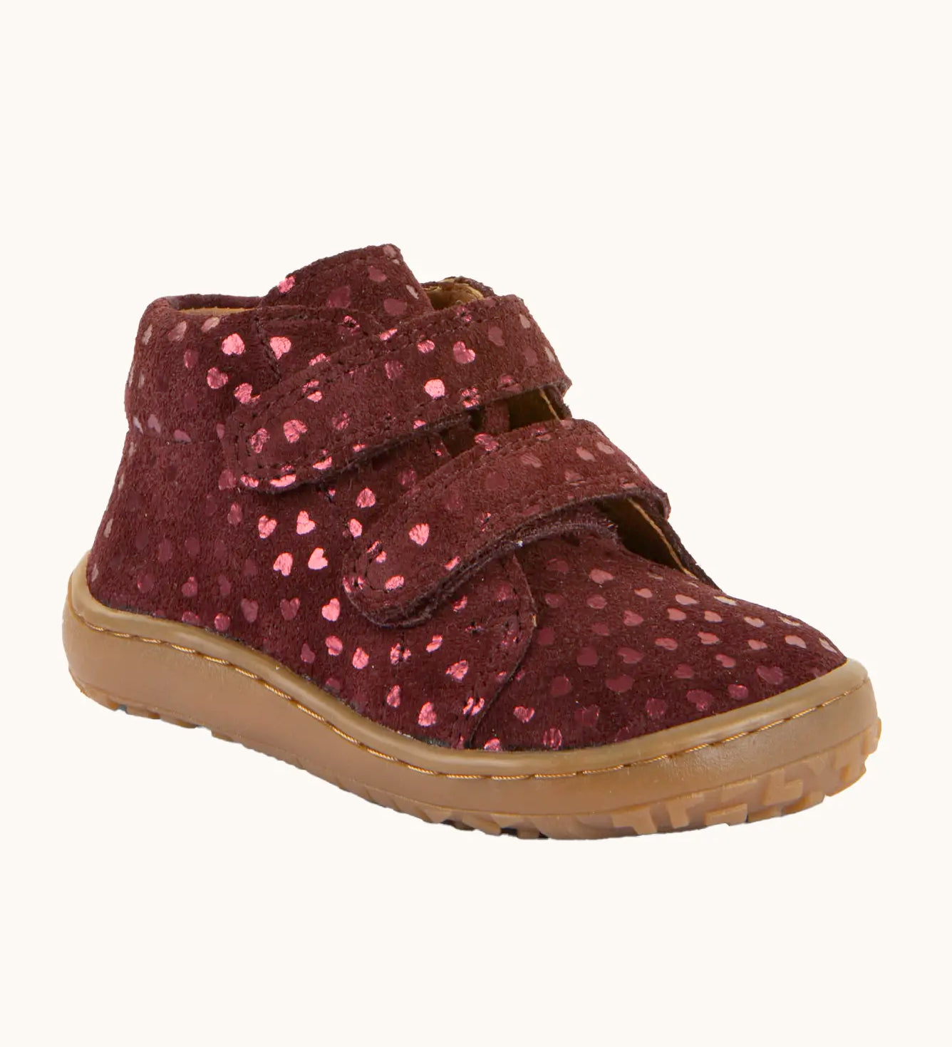 Maroon Froddo soft natural leather barefoot first step kids shoes with matching straps, flexible brown rubber sole zero-drop profile, and a wide toe box