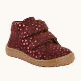 Maroon Froddo soft natural leather barefoot first step kids shoes with matching straps, flexible brown rubber sole zero-drop profile, and a wide toe box