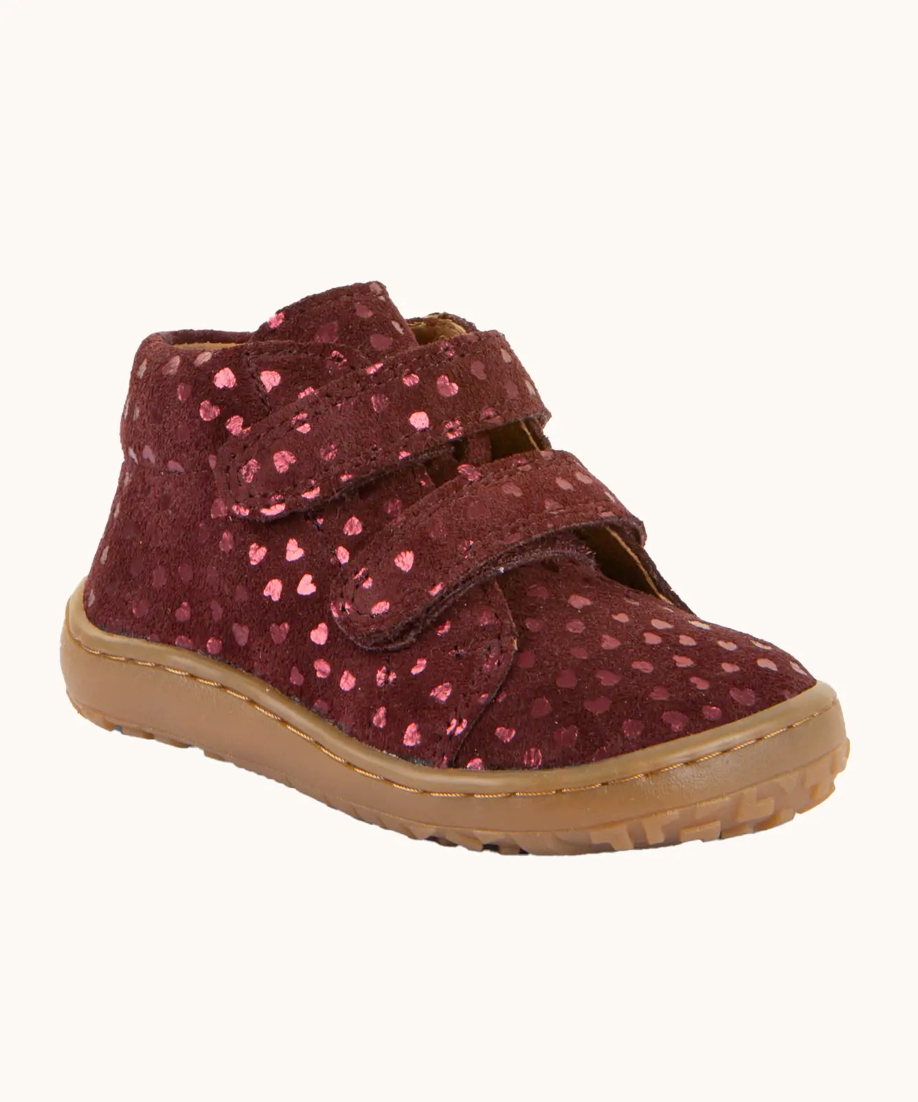 Maroon Froddo soft natural leather barefoot first step kids shoes with matching straps, flexible brown rubber sole zero-drop profile, and a wide toe box