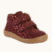 Maroon Froddo soft natural leather barefoot first step kids shoes with matching straps, flexible brown rubber sole zero-drop profile, and a wide toe box