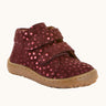 Maroon Froddo soft natural leather barefoot first step kids shoes with matching straps, flexible brown rubber sole zero-drop profile, and a wide toe box