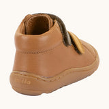 Back of Froddo's light brown natural leather barefoot first step kids shoes showing the padded ankle support. Boot has a zero drop profile