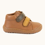 Side of Froddo's light brown natural leather barefoot first step kids shoes showing the olive and mustard straps. Boot has a flexible rubber sole zero-drop profile