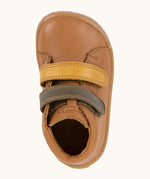 Top view of Froddo's light brown natural leather barefoot first step kids shoes showing the olive and mustard straps. Boot has a wide toe box shape
