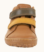 Front of Froddo light brown natural leather barefoot first step kids shoes showing the olive and mustard straps. Boot has a wide toe box shape