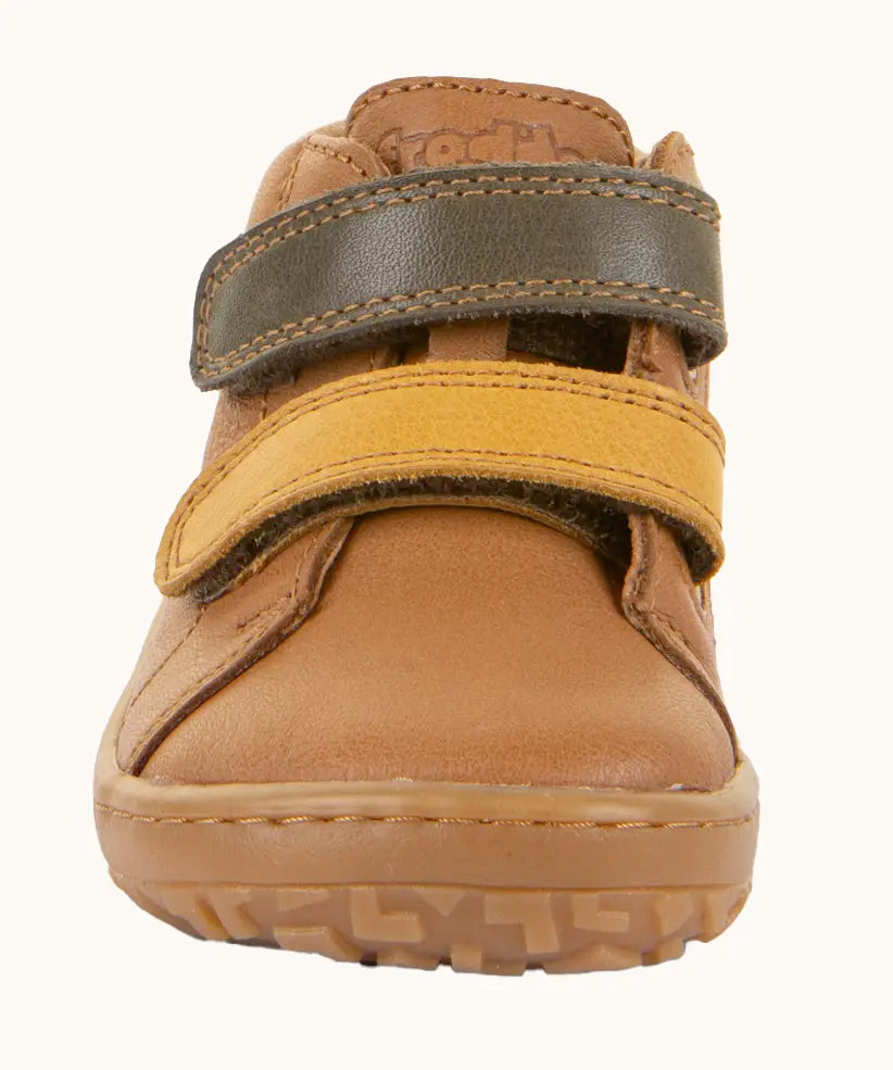 Front of Froddo light brown natural leather barefoot first step kids shoes showing the olive and mustard straps. Boot has a wide toe box shape