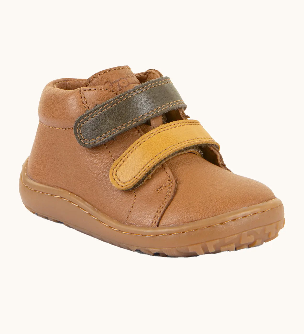 Light brown Froddo soft natural leather barefoot first step kids shoes with olive and mustard straps, flexible rubber sole zero-drop profile, and a wide toe box