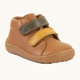 Light brown Froddo soft natural leather barefoot first step kids shoes with olive and mustard straps, flexible rubber sole zero-drop profile, and a wide toe box