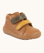 Light brown Froddo soft natural leather barefoot first step kids shoes with olive and mustard straps, flexible rubber sole zero-drop profile, and a wide toe box
