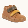 Light brown Froddo soft natural leather barefoot first step kids shoes with olive and mustard straps, flexible rubber sole zero-drop profile, and a wide toe box