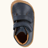 Top view of Froddo barefoot first step baby shoe in dark blue showing the 2 velcro fasteners and inner sole detail