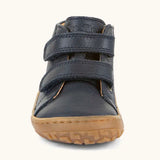 Front of the Froddo barefoot first step baby shoe in dark blue showing the 2 velcro fastener