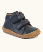 Froddo barefoot first step baby shoe in dark blue. A natural leather shoe with a 2 velcro fastener and grippy sole