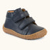 Froddo barefoot first step baby shoe in dark blue. A natural leather shoe with a 2 velcro fastener and grippy sole