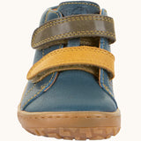 Front of Froddo's denim blue natural leather barefoot first step kids shoes showing the olive and mustard straps. Boot has a wide toe box shape