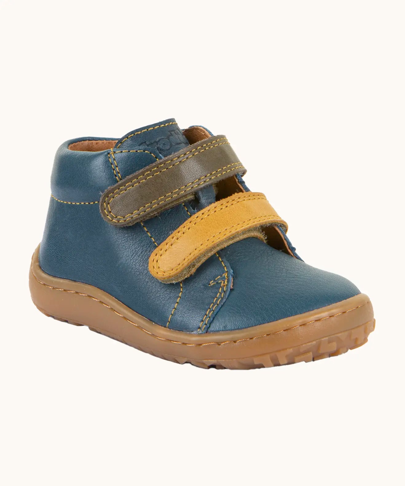Denim blue Froddo soft natural leather barefoot first step kids shoes with olive and mustard straps, flexible rubber sole zero-drop profile, and a wide toe box