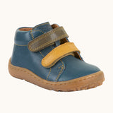 Denim blue Froddo soft natural leather barefoot first step kids shoes with olive and mustard straps, flexible rubber sole zero-drop profile, and a wide toe box