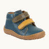 Denim blue Froddo soft natural leather barefoot first step kids shoes with olive and mustard straps, flexible rubber sole zero-drop profile, and a wide toe box