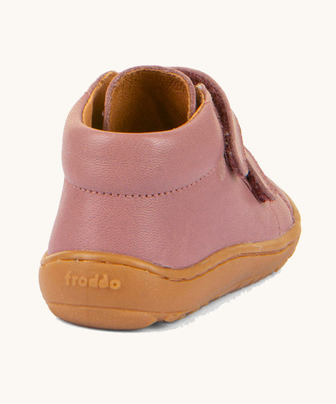 A back of the Froddo barefoot first step kids shoes in dusty pink available at Babipur showing the padded ankle support