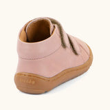 Back of the Froddo barefoot first step baby shoe in pale pink showing a padded ankle support and grippy sole 
