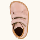 Top view of Froddo barefoot first step baby shoe in pale pink showing the 2 velcro fasteners and inner sole detail