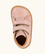 Top view of Froddo barefoot first step baby shoe in pale pink showing the 2 velcro fasteners and inner sole detail
