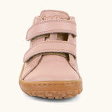 Front of the Froddo barefoot first step baby shoe in pale pink showing the 2 velcro fastener