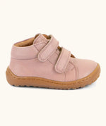 Side of the Froddo barefoot first step baby shoe in dark blue a showing 2 velcro fasteners and grippy rubber sole