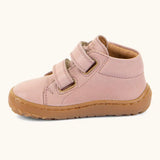 Side of the Froddo barefoot first step baby shoe in pale pink a showing 2 velcro fasteners