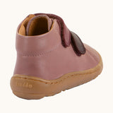 Back of Froddo's rosy pink natural leather barefoot first step kids shoes showing the padded ankle support. Boot has a zero drop profile