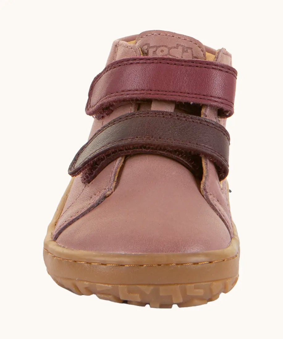 Front of Froddo's rosy pink natural leather barefoot first step kids shoes showing the purple straps. Boot has a wide toe box shape
