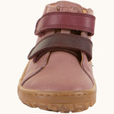 Front of Froddo's rosy pink natural leather barefoot first step kids shoes showing the purple straps. Boot has a wide toe box shape
