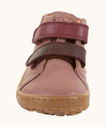 Front of Froddo's rosy pink natural leather barefoot first step kids shoes showing the purple straps. Boot has a wide toe box shape