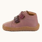 Side of Froddo's rosy pink natural leather barefoot first step kids shoes showing the padded ankle support. Boot has a flexible rubber sole zero-drop profile