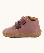 Side of Froddo's rosy pink natural leather barefoot first step kids shoes showing the padded ankle support. Boot has a flexible rubber sole zero-drop profile