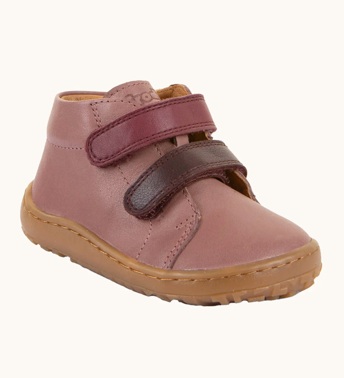 Rosy pink Froddo soft natural leather barefoot first step kids shoes with purple straps, flexible rubber sole zero-drop profile, and a wide toe box