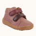 Rosy pink Froddo soft natural leather barefoot first step kids shoes with purple straps, flexible rubber sole zero-drop profile, and a wide toe box