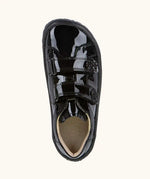 Top view of the Froddo Alexandra barefoot kids school shoe in black patent. A low profile shoe with 2 front velcro straps