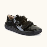 Froddo Alexandra barefoot kids school shoe in black patent. A low profile shoe with 2 front velcro straps and rubber sole