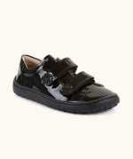 Froddo Alexandra barefoot kids school shoe in black patent. A low profile shoe with 2 front velcro straps and rubber sole