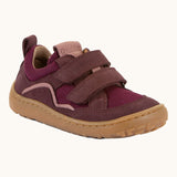 Maroon Froddo barefoot baze kids shoes. Features velcro straps and a brown flexible sole. Trainer has a zero heel drop and wide, foot-shaped design.