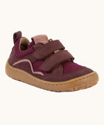 Maroon Froddo barefoot baze kids shoes. Features velcro straps and a brown flexible sole. Trainer has a zero heel drop and wide, foot-shaped design.