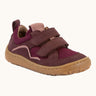 Maroon Froddo barefoot baze kids shoes. Features velcro straps and a brown flexible sole. Trainer has a zero heel drop and wide, foot-shaped design.